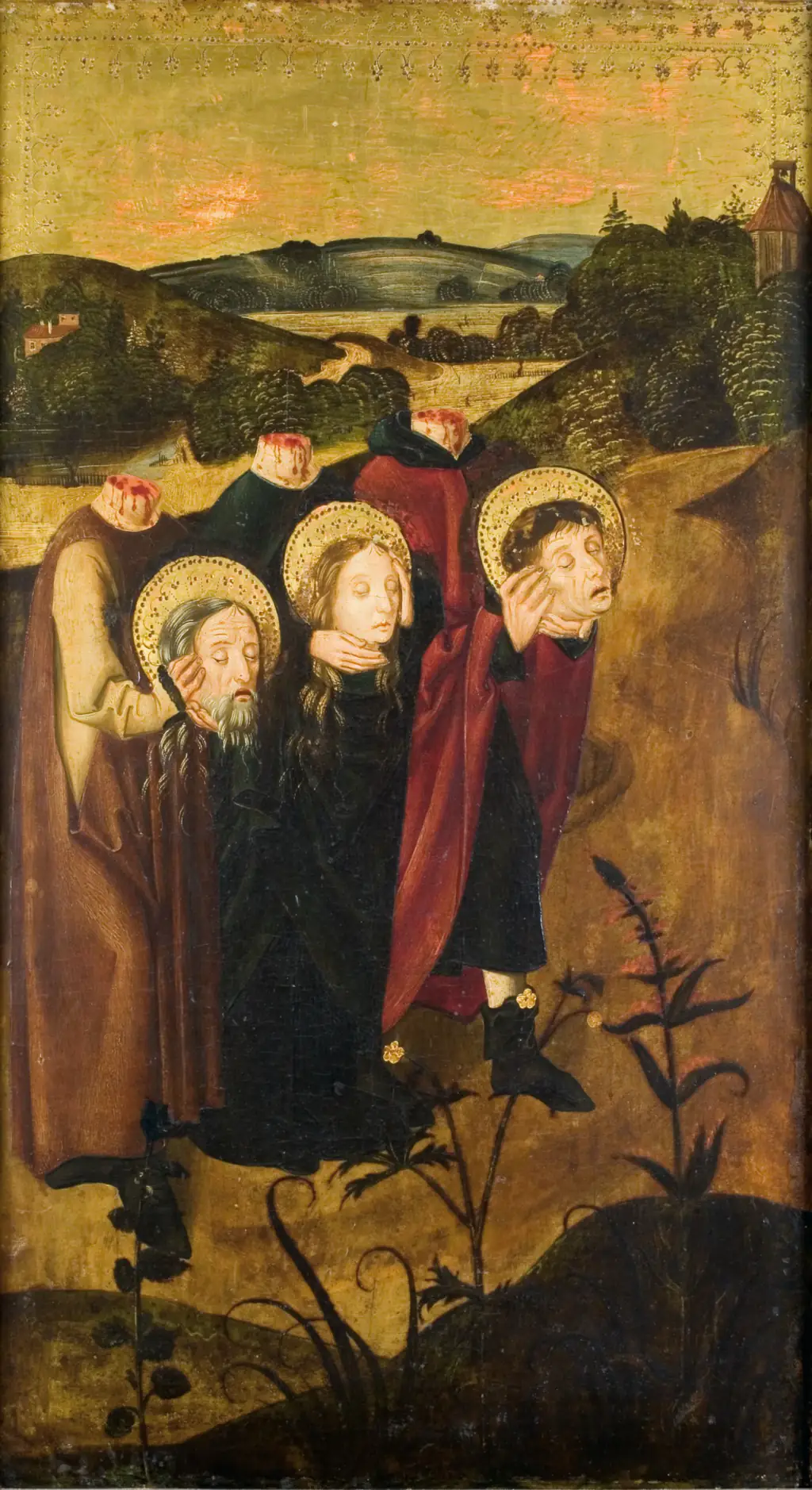Felix, Regula und Exuperantius tragen ihre Häupter zur Grabstätte. Meister des Winkler-Epitaphs, Belvedere Wien.